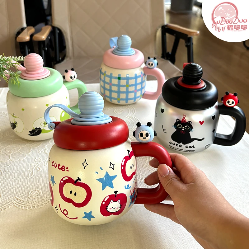 高颜值大容量316不锈钢水杯吸管杯卡通可爱大肚杯男女学生拎拎杯