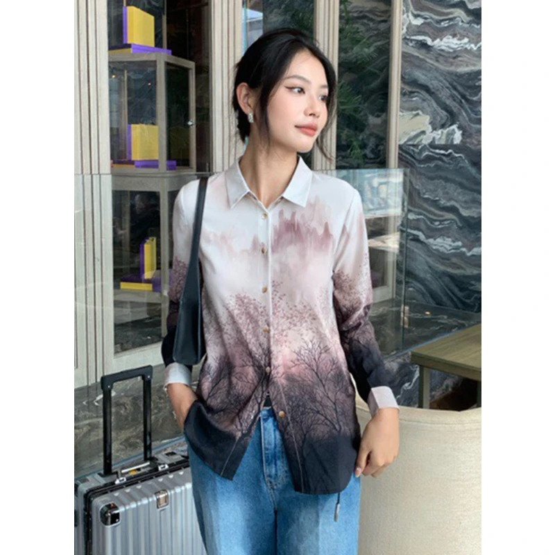 时尚印花森林晕染法式度假通勤长袖衬衫上衣女 PX2-259