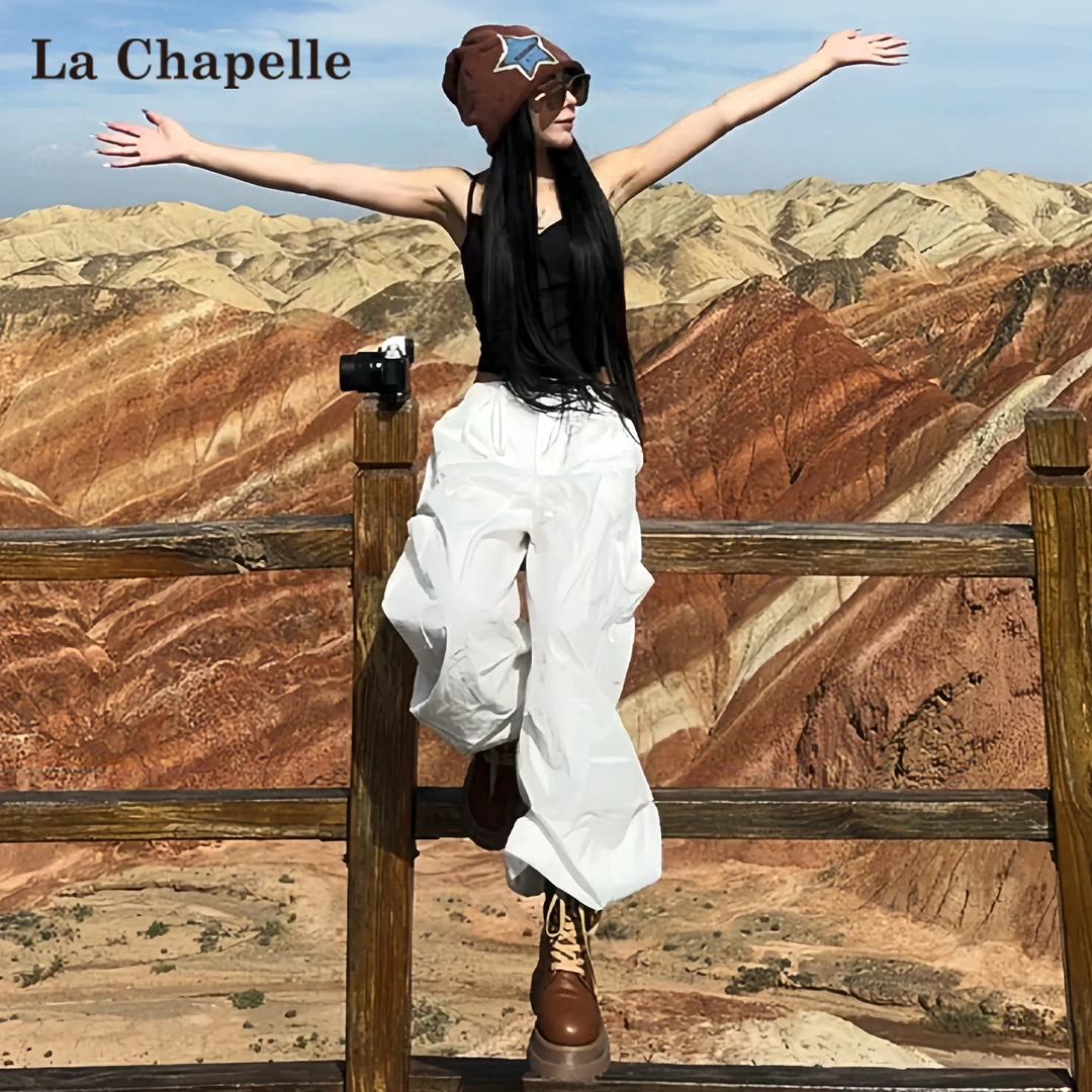 拉夏贝尔白色速干工装裤女夏薄款高腰直筒宽松冰丝阔腿登山运动裤