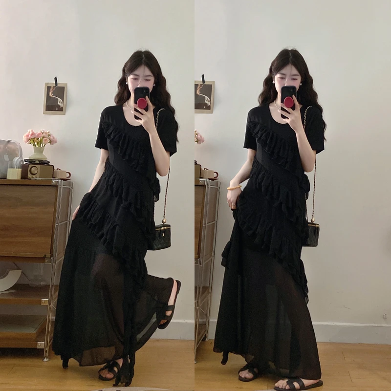 大码女装春夏新款名媛风高级感不规则蛋糕裙显瘦连衣裙