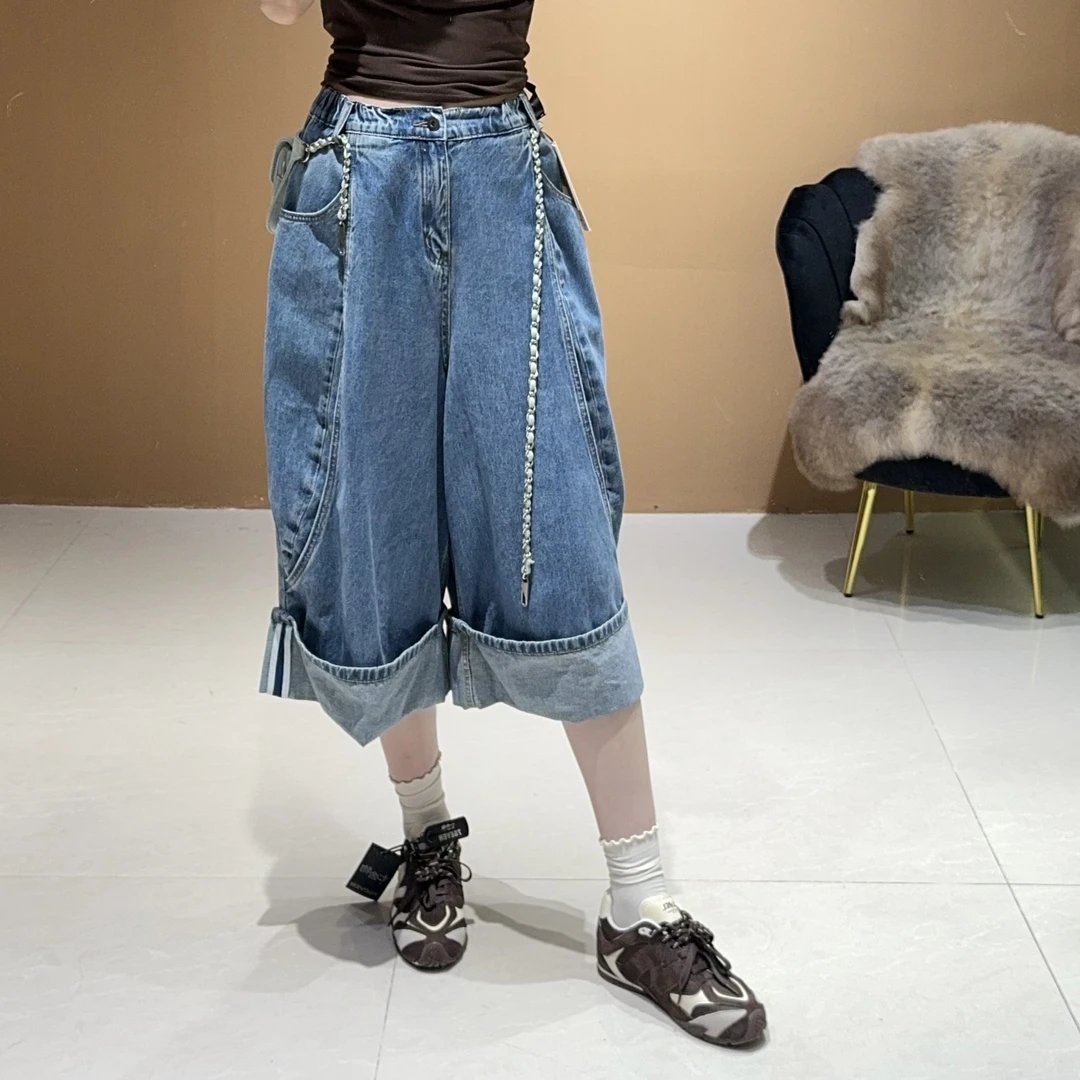 夏季复古做旧水洗设计感拼接卷边七分阔腿牛仔裤