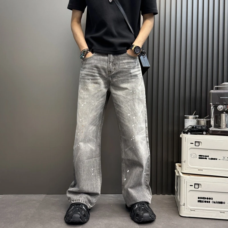 泼墨水洗做旧直筒宽松阔腿牛仔裤新款男士百秋日男士水洗做旧直筒