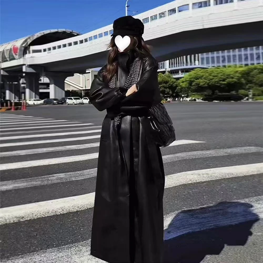 【清仓】高个子加长定制长款PU皮衣女气质系带收腰复古宽松长款外套