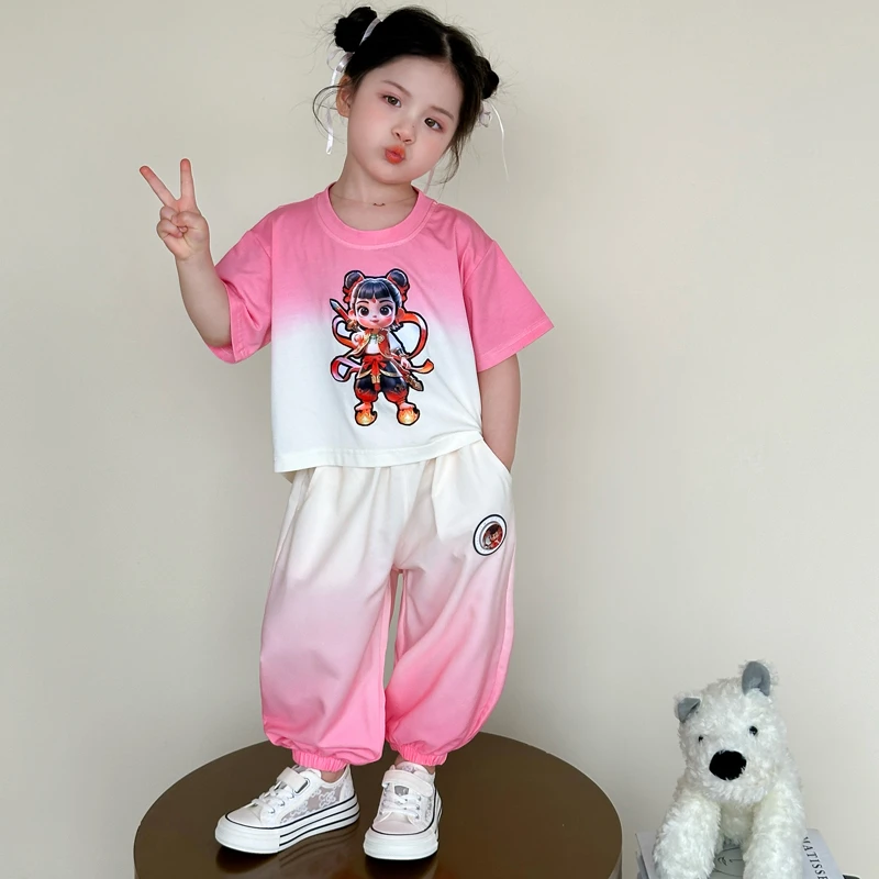 女孩夏装套装亮灯哪吒服装夏季2025新款短袖渐变吊染哪咤衣服
