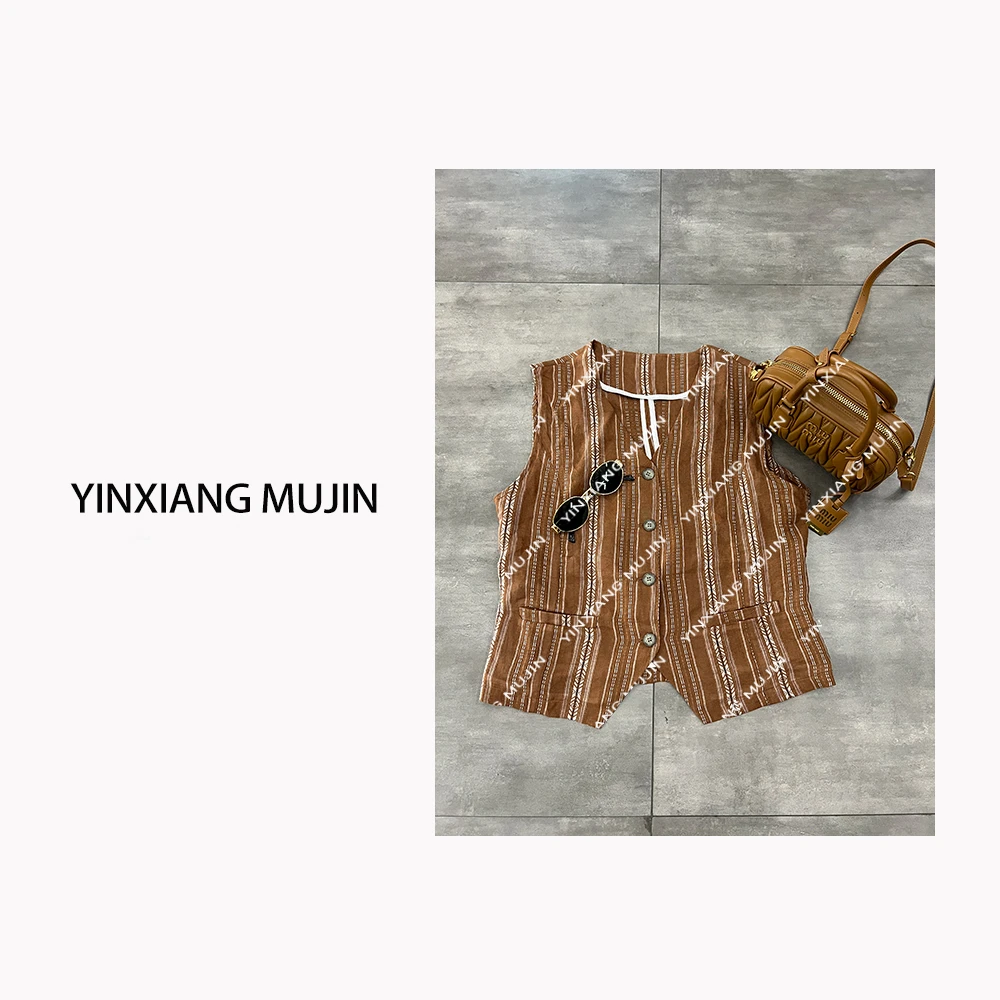 【YINXIANG MUJIN】亚麻条纹马甲 夏季时尚撞色气质无袖马夹女百搭