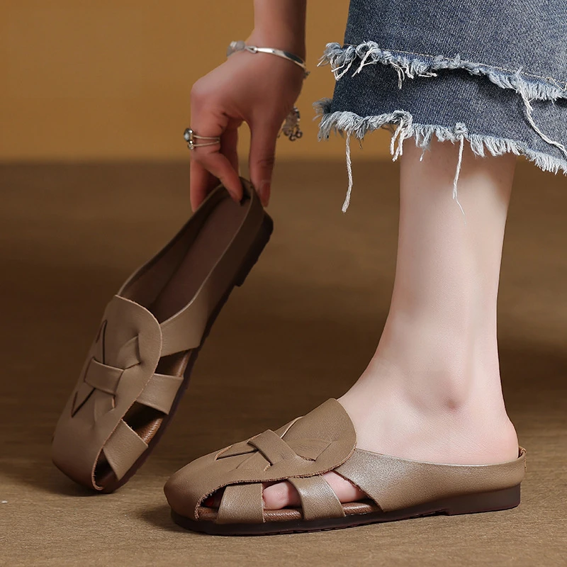 软皮软底包头半无后跟懒人鞋女拖鞋女夏外穿透气平底凉拖舒适