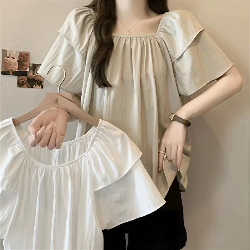 大码气质甜美复古方领短袖衬衫女胖宽松mm显瘦遮肚百夏季上衣