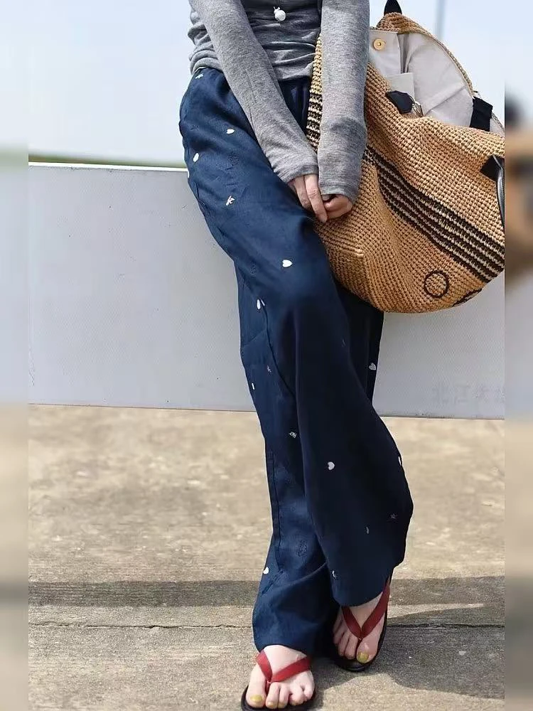 2025夏款 极简百搭花朵刺绣亚麻松紧腰休闲裤1819