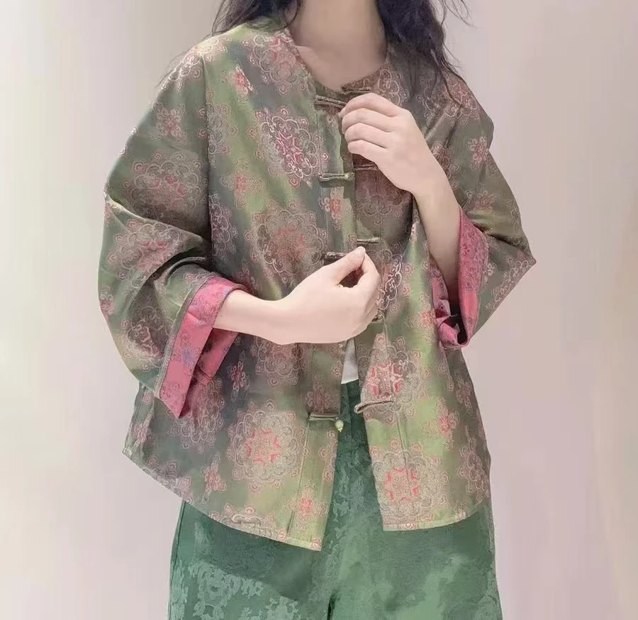 新中式复古国风盘扣暗纹提花圆领上衣开衫外套