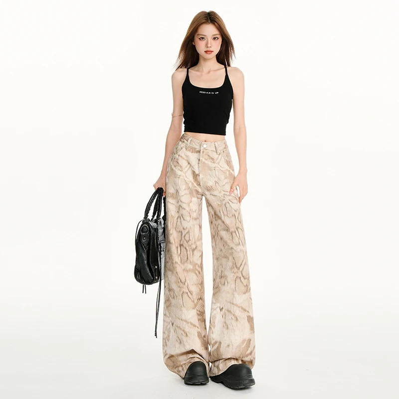 哥弟阿玛施正蛇纹印花设计感休闲牛仔裤女夏季韩版宽松阔腿直筒