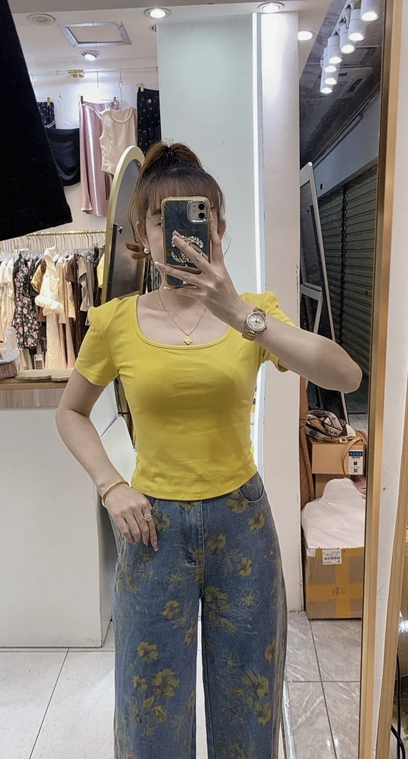 小霞家印花高腰牛仔裤