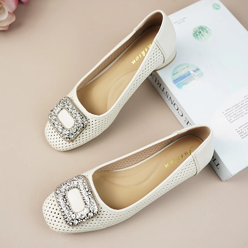 真皮牛皮新款镂空时尚凉鞋方头粗跟中跟浅口单鞋软底舒适低跟凉鞋