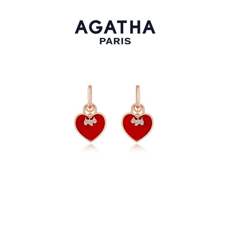 AGATHA 925银合成锆石耳饰 明星同款双生爱心小狗尤莱特耳环耳钉D