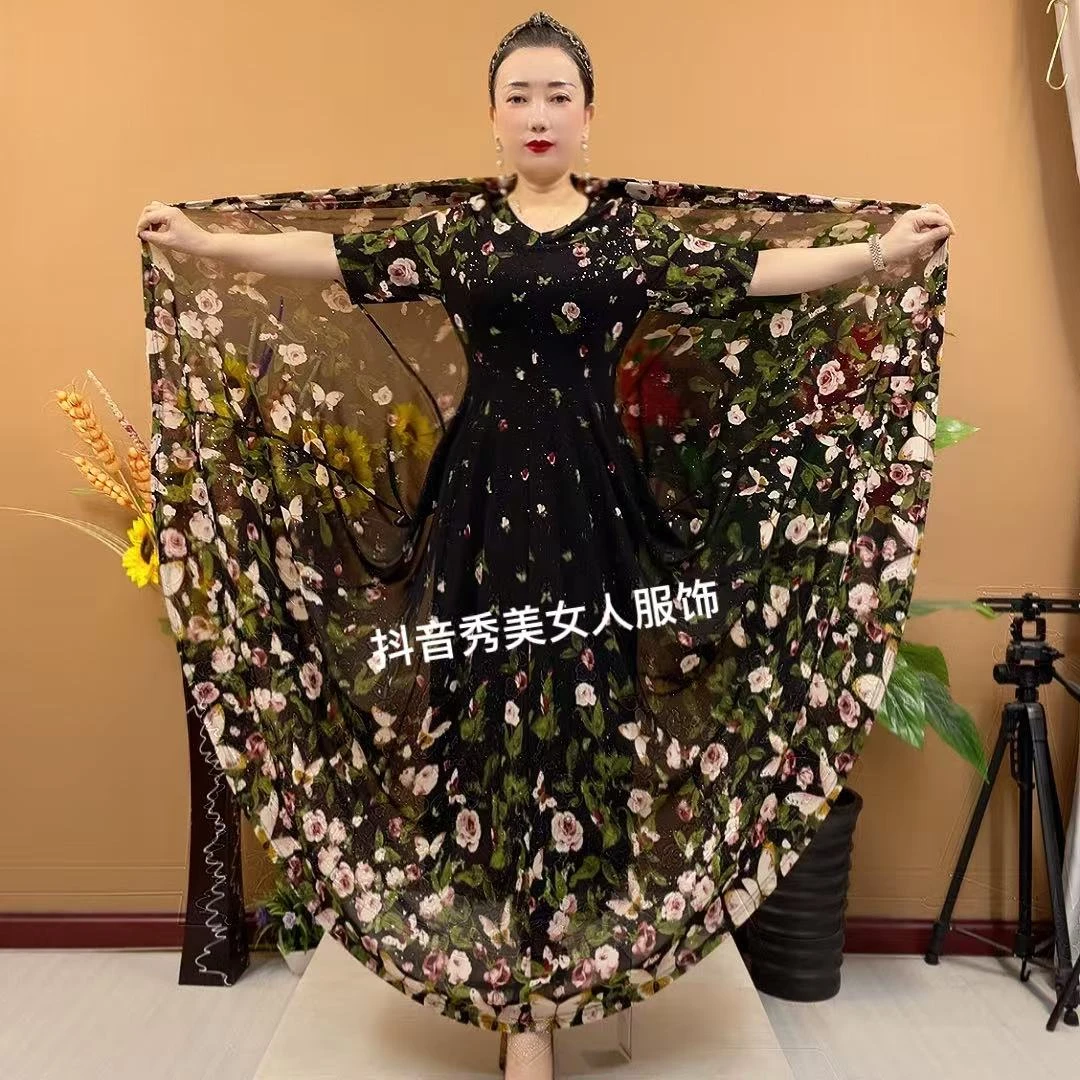 新款轻奢时尚撒金底裙定位花温婉优雅妈妈大摆弹力过膝长裙8260