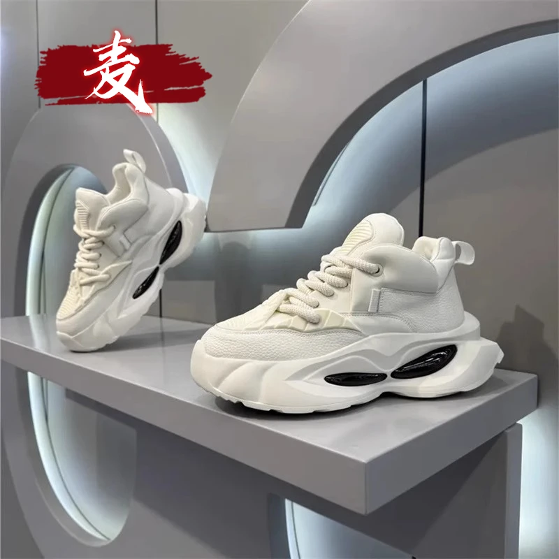 欧洲站男鞋2025新款春季款皮面百搭运动休闲跑步厚底增高老爹潮鞋