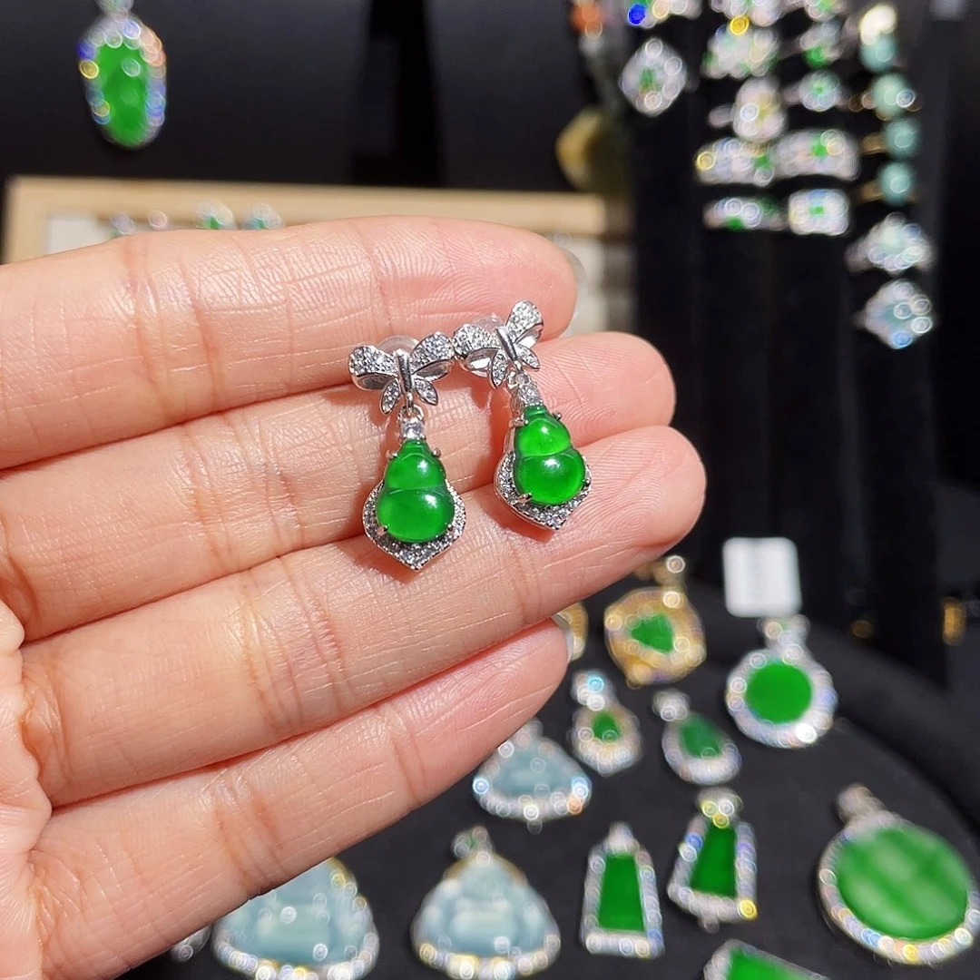 翡翠耳饰银S925镶嵌葫芦