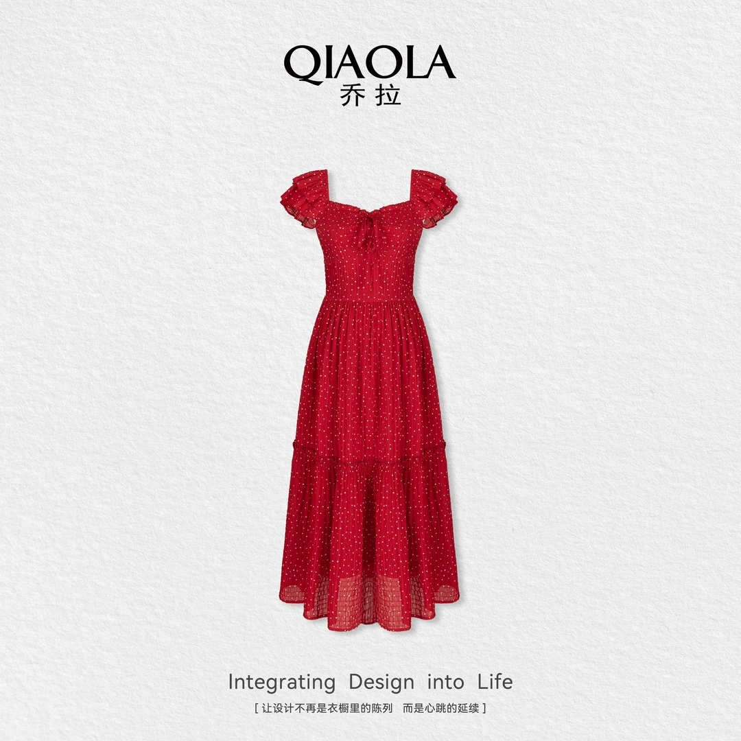 QIAOLA/乔拉【一刻心动】夏新款暗格印花小飞袖设计显瘦连衣裙