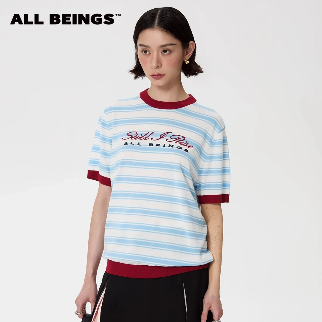 【茉舍】ALL BEINGS 蓝红条纹刺绣圆领针织短袖T恤 TESH23388-580