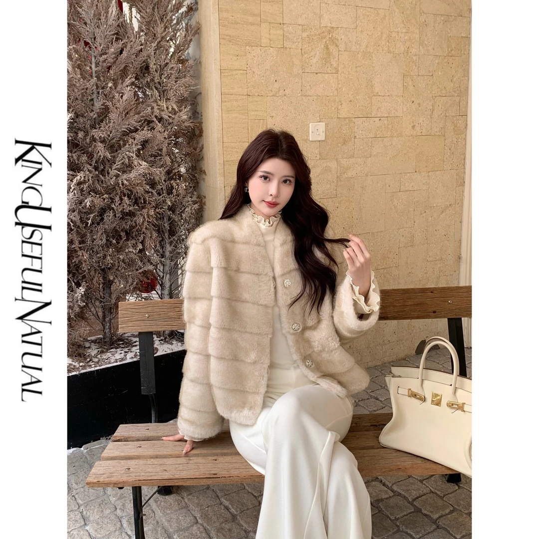 KUN【挚爱中古】精致光泽 竹节仿水貂立裁显瘦加厚浅咖宽松毛毛外套
