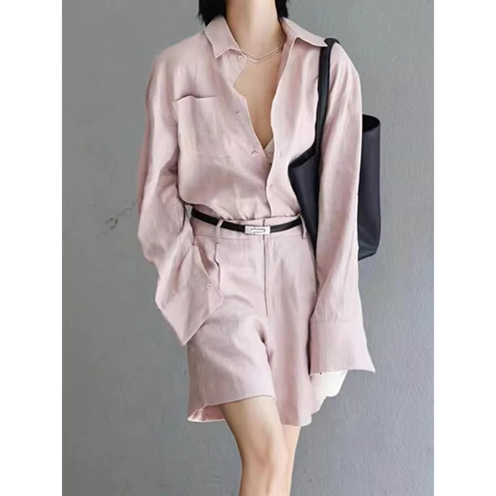 日本外贸女装捡漏高级感休闲舒适粉色气质衬衫短裤两件套