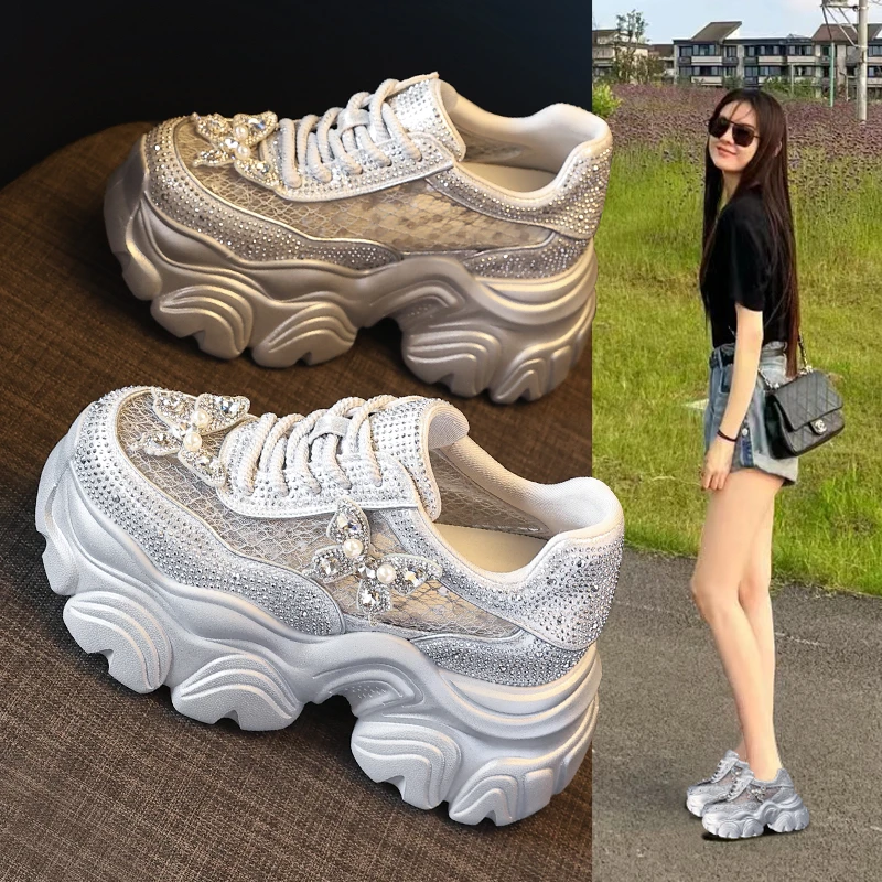 HS569-69厚底内增高小个子网面水钻老爹鞋女2025夏季运动休闲鞋子