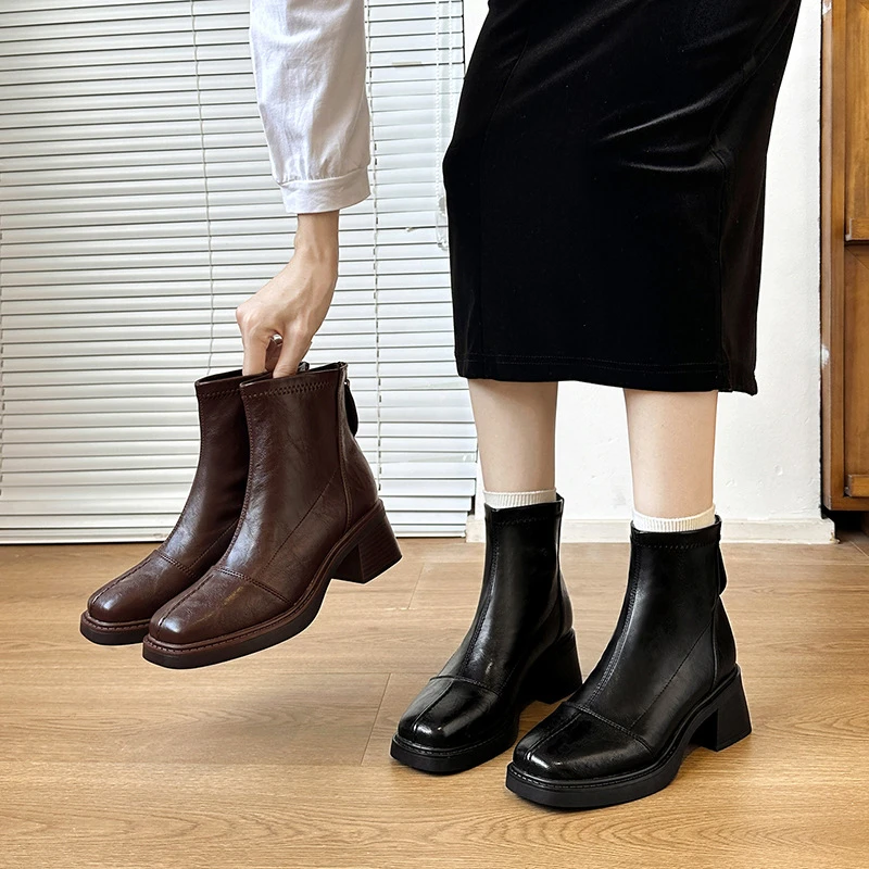 高跟方头短靴马丁靴春秋季加绒单靴女靴后拉链短靴复古粗跟瘦瘦靴