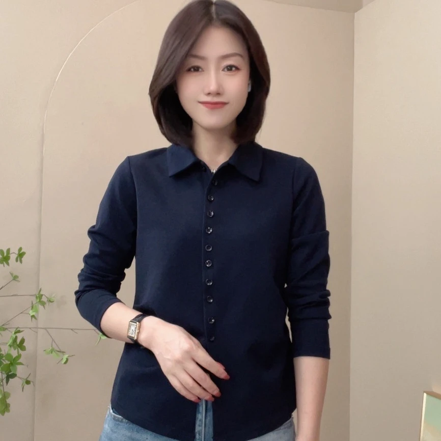 5628秋季新款气质翻领纯色长袖时尚小衫休闲风显瘦百搭简约上衣