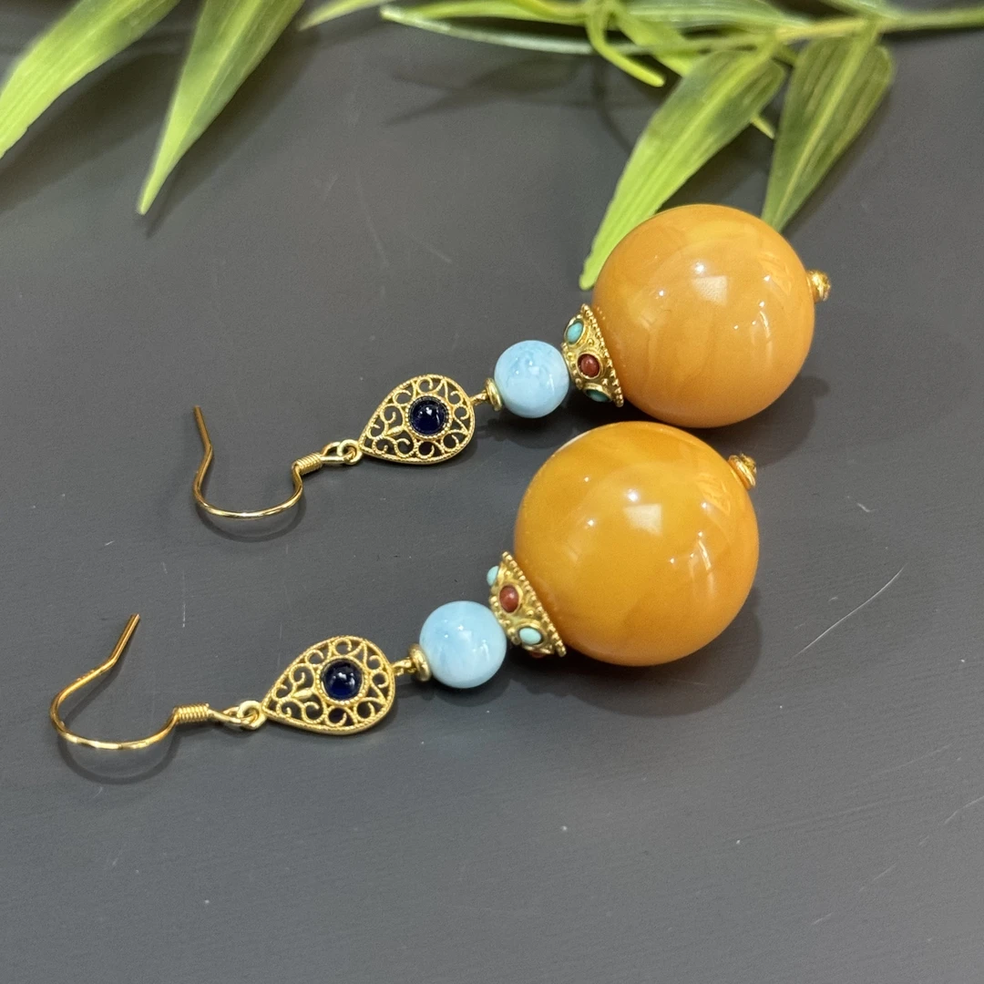 【乌达齐珠宝】18mm+蜜蜡海纹石耳钩@多样性只发其中一件