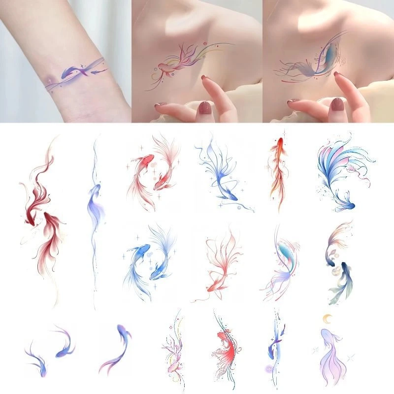 2024幸运锦鲤金鱼彩色纹身贴防水女持久手腕锁骨双鱼贴纸国风彩绘