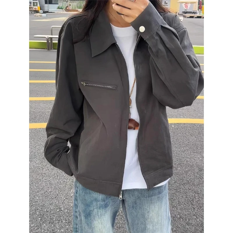 底特律深灰色工装夹克男女款秋季哈林顿美式拼接外套cleanfit上衣