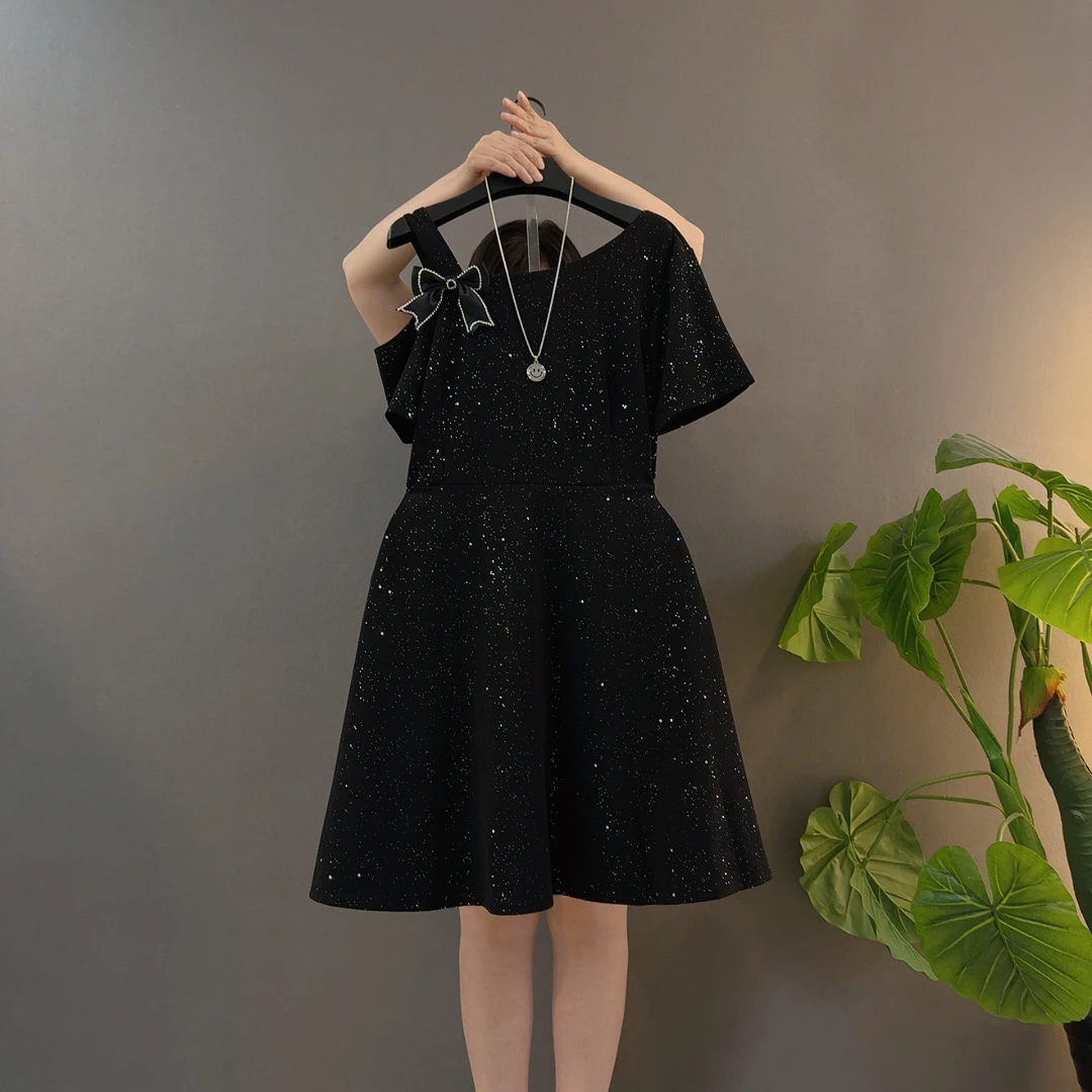 蝴蝶结夏季短裙大码连衣裙短袖中长裙高腰斜领A字裙甜美风