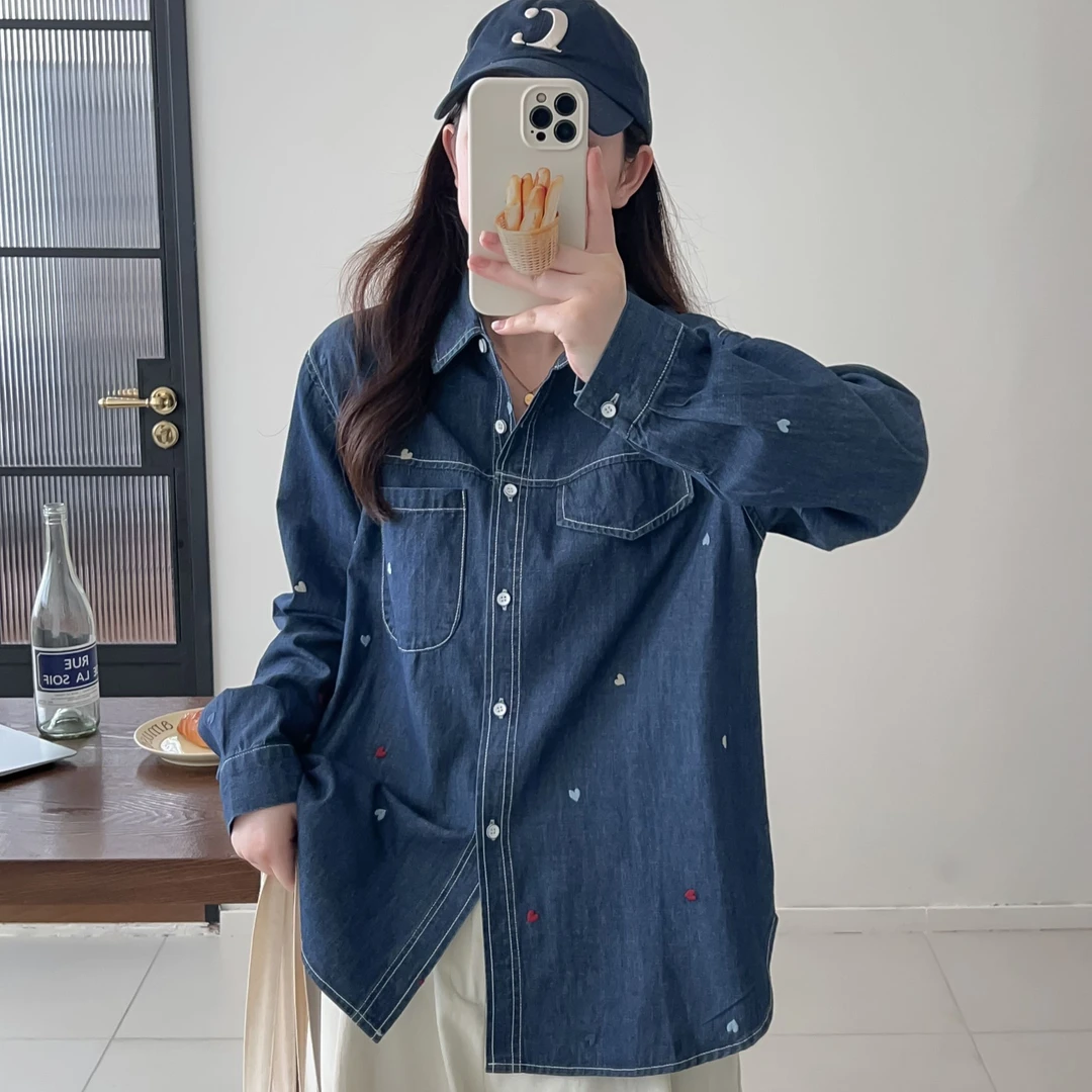 复古港风蓝色牛仔衬衫女春秋季百搭设计感小众休闲显瘦牛仔衬衣女