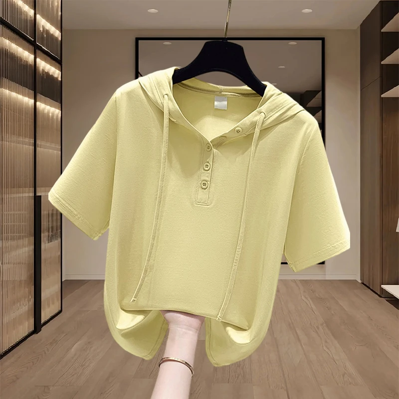 欧货连帽短袖t恤女夏季薄款宽松洋气纯色小衫体恤显瘦卫衣上衣潮