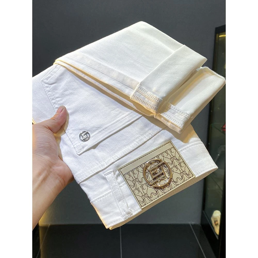 高级感男士白色牛仔裤子简约美式复古修身小脚修身九分休闲长裤子