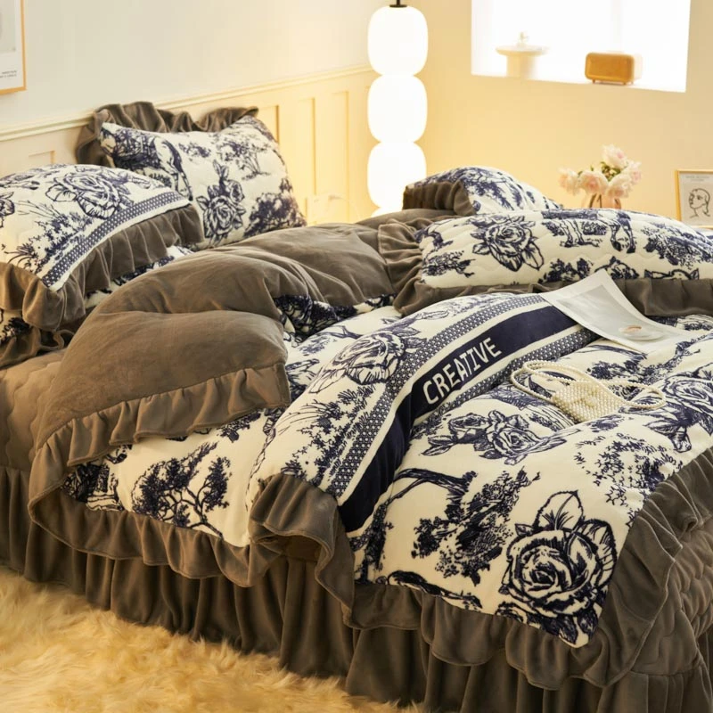 冬季牛奶绒床盖款四件套保暖双面绒被套夹棉加厚床裙三件套床品