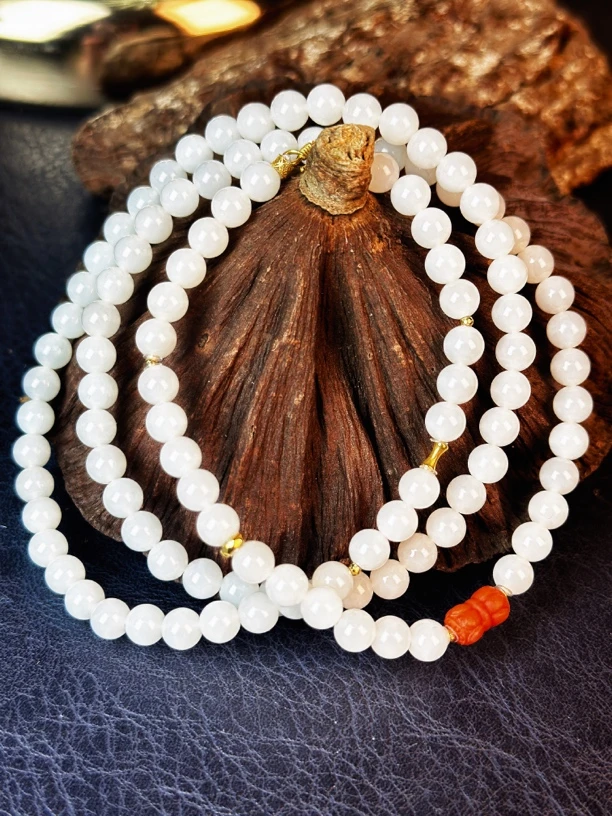 【汉韵轩珠宝】天然和田玉羊脂级18K金女神链108珠XL5013A约6mm