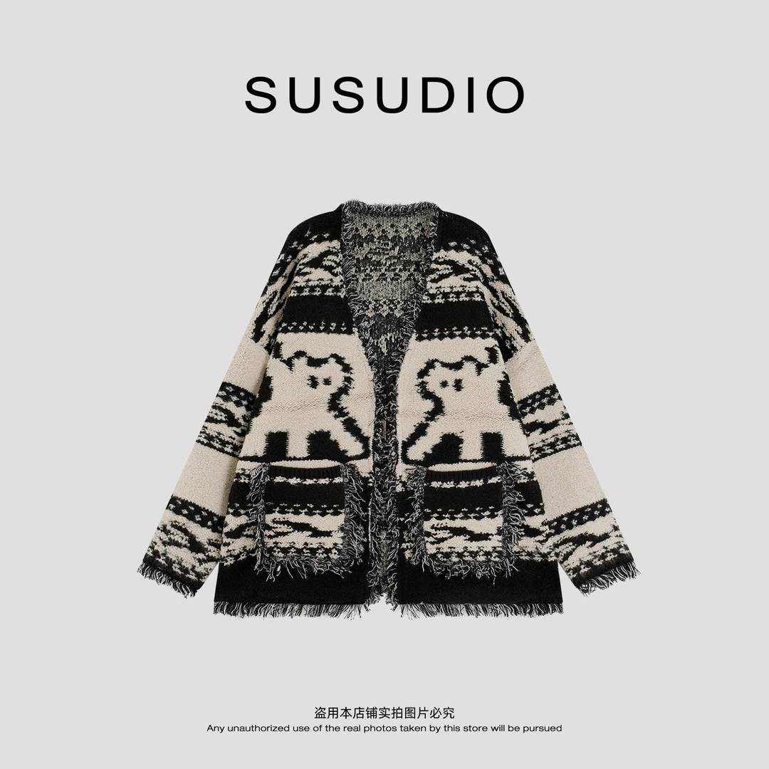 SUSUDIO 小熊毛衣 氛围感软糯V领撞色拼接流苏开衫毛衣  50246