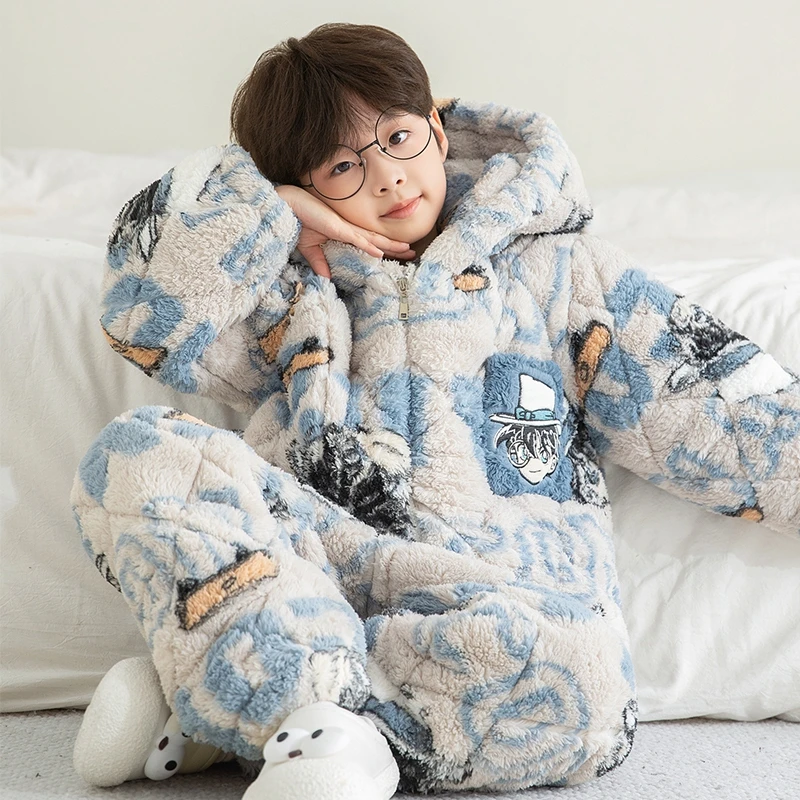 2025新款儿童睡衣冬季法兰绒加厚三层夹棉男童家居服外穿珊瑚绒冬