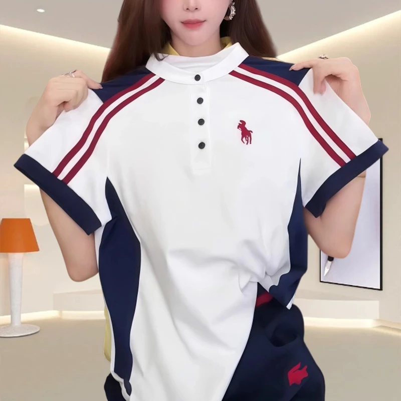 韩版ins小马刺绣休闲t恤女款夏季纯棉大码短袖时尚撞色拼接上衣女