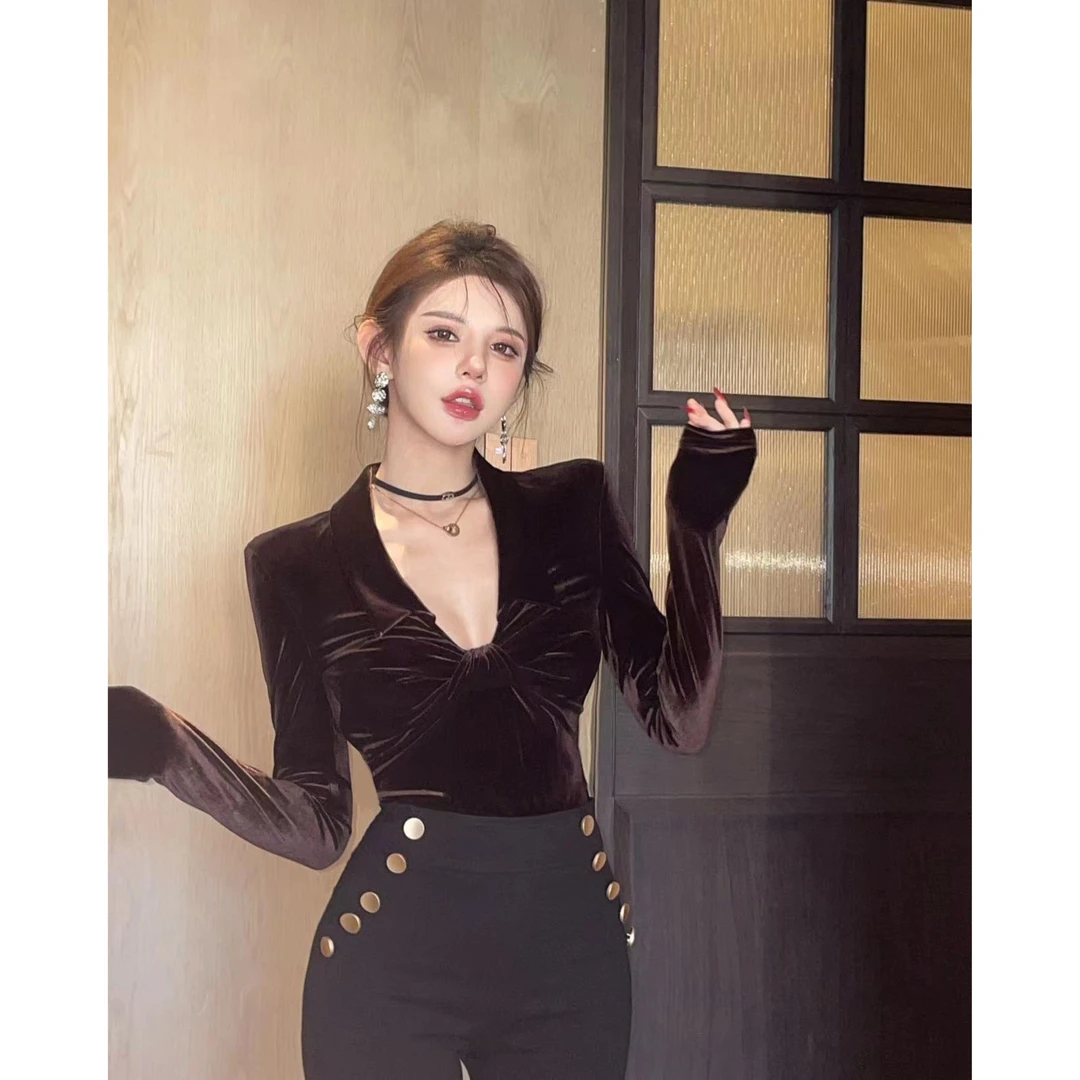 粉红Pink 【格调派对】气质长袖丝绒上衣LWJ23C3T1280