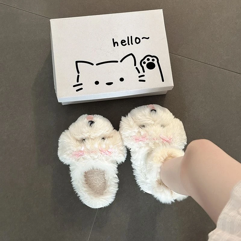 可爱卡通丝带垂耳小狗包头拖鞋女2025秋冬季新款毛毛鞋保暖毛毛鞋