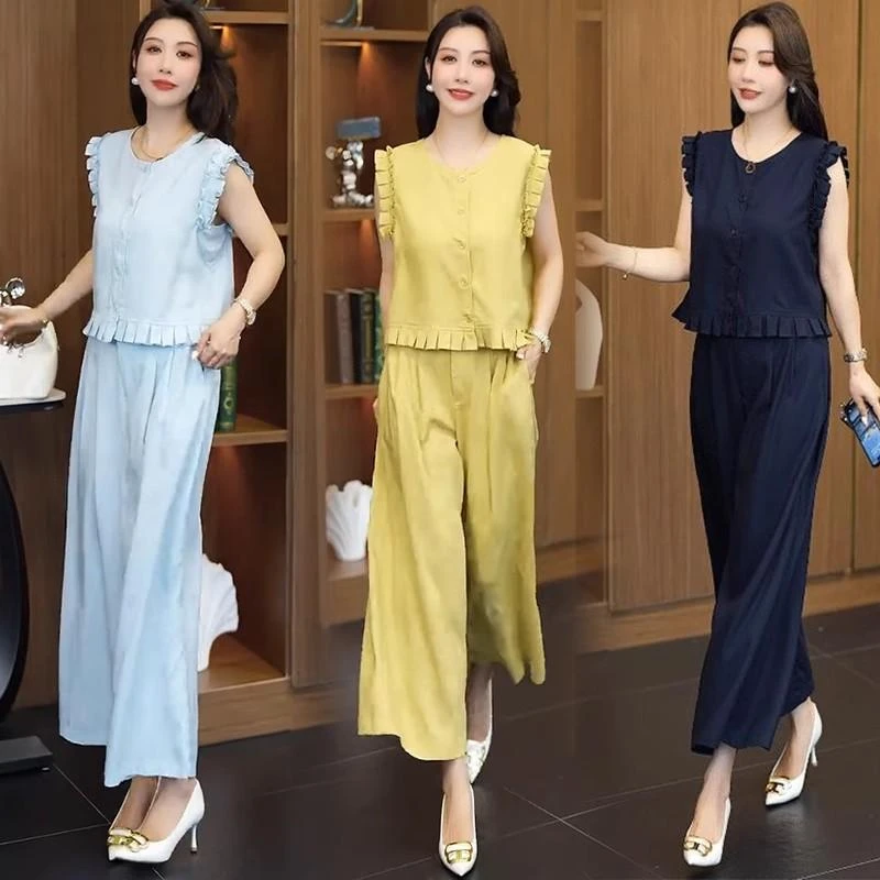 韩版休闲套装女2025夏新款时尚减龄无袖上衣宽松百搭阔腿裤两件套