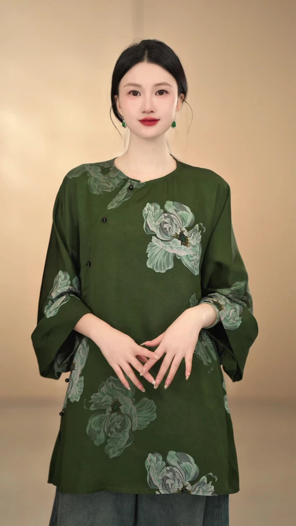 「大雅」新中式网红长袖绿色大花圆领斜襟复古上衣宽松日常设计感
