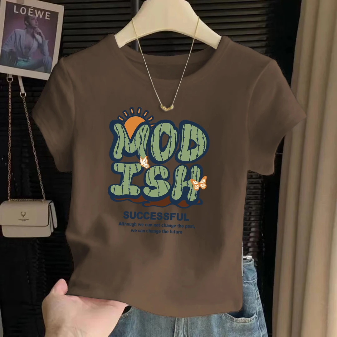 2025夏季短款纯棉新款女士T恤衫短袖洋气圆领大码高腰小个子上衣