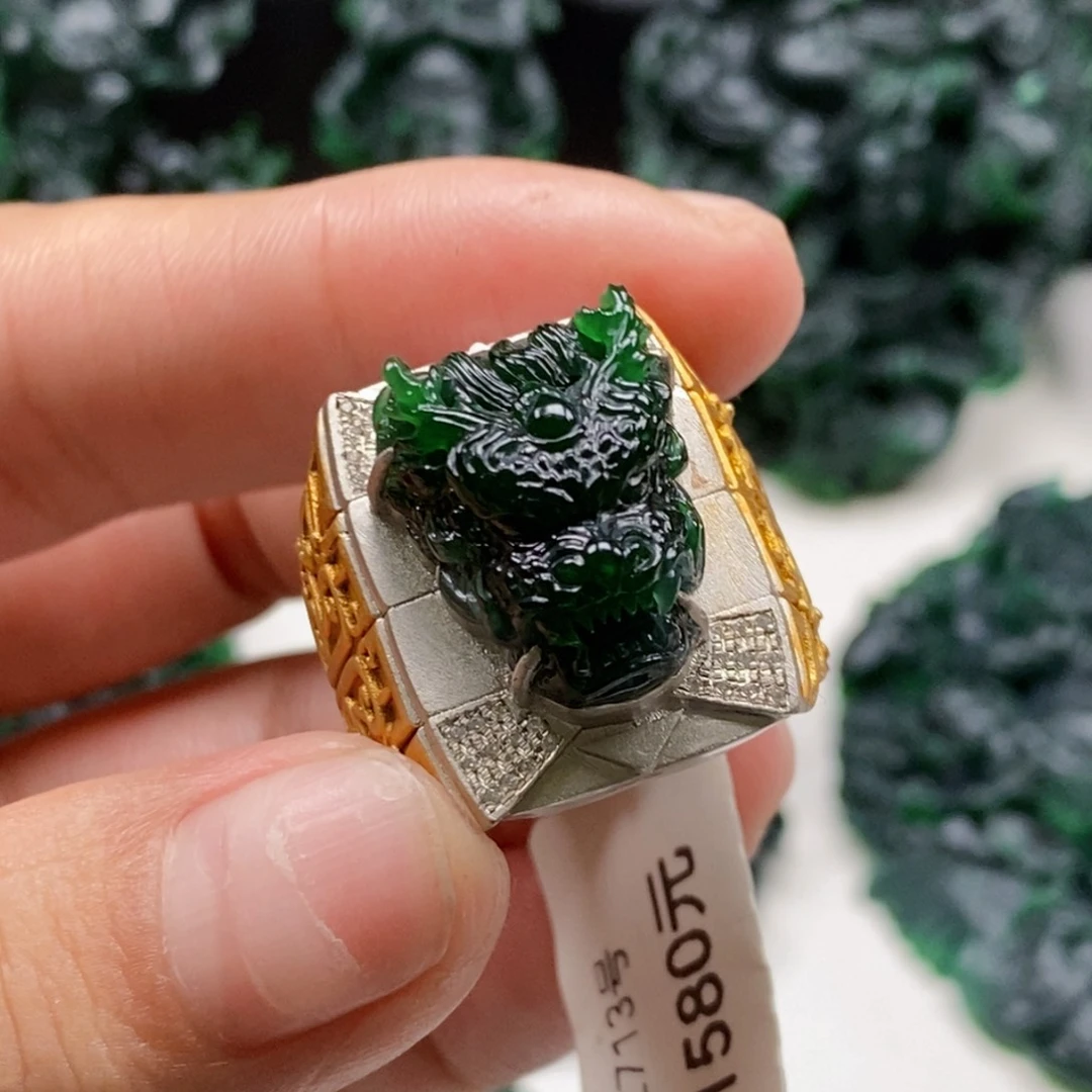 定制翡翠银S925镶嵌龙头戒指
