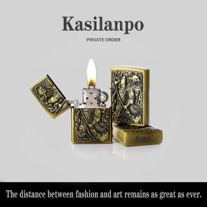 关公青铜煤油怀旧复古高端浮雕工艺防风打火机老式砂轮个性立体