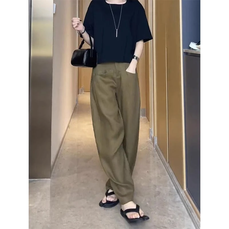 2025年夏季新款设计感垂感直筒裤宽松休闲裤显瘦百搭纯色通勤爆款