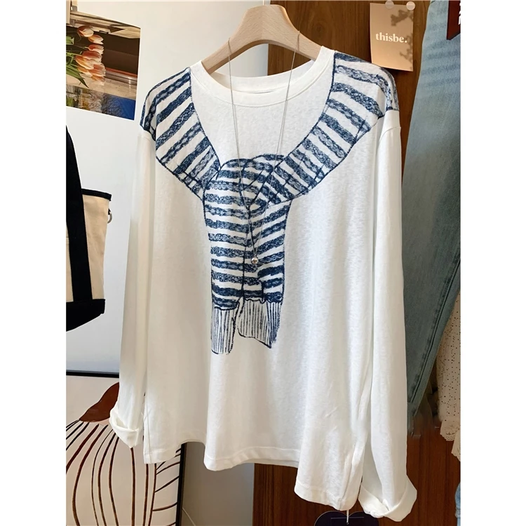 胖妹妹240斤大码减龄印花长袖T恤女夏季高级感假两件防晒罩衫上衣