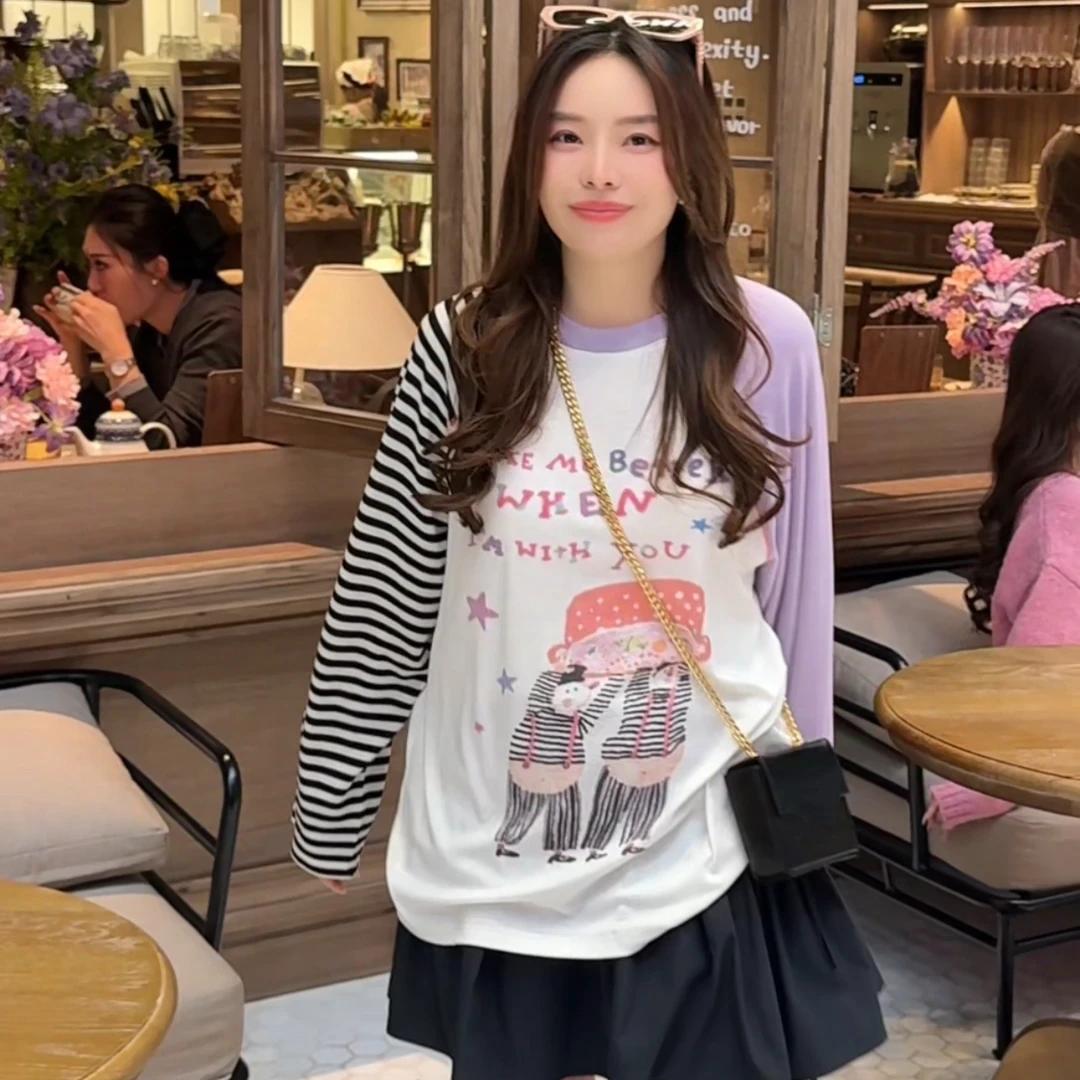 JINXIUXIU 春夏新款插肩袖拼色韩系甜美长袖上衣 321