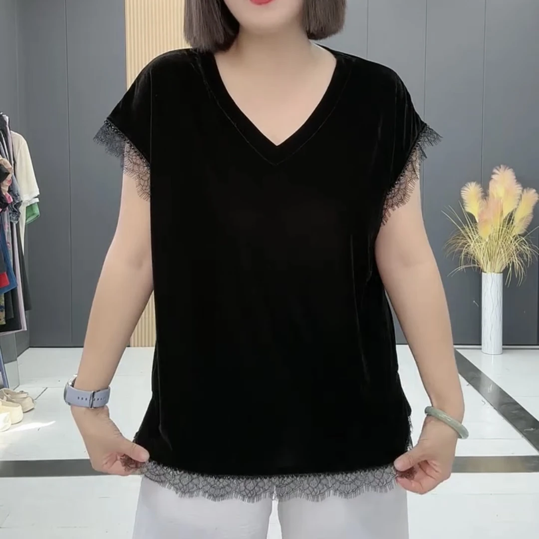 鑫家3505新款丝绒镂空短袖上衣时尚宽松百搭